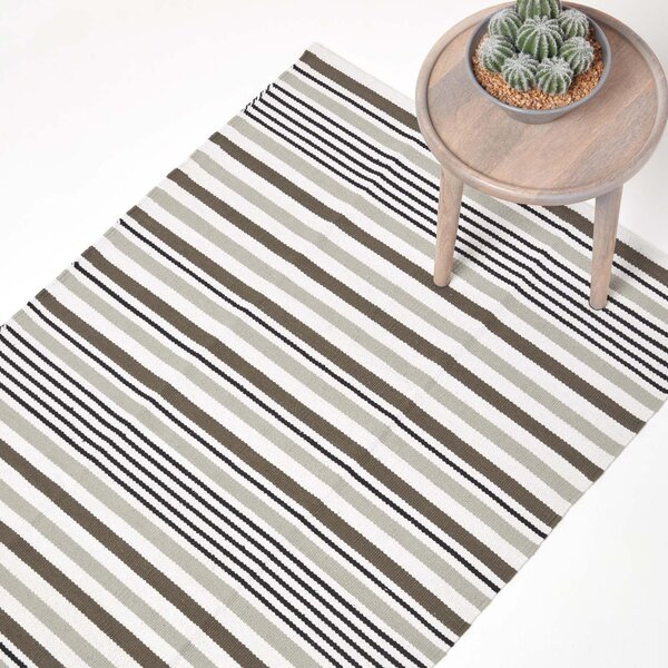 Modern Black Grey Scandinavian Style Striped Cotton Rug, 60 x 100 cm