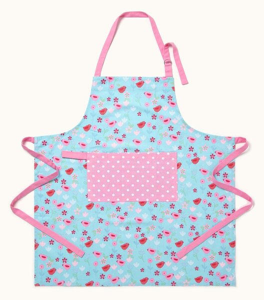 Homescapes Birds and Flowers Pink Blue Unisex Apron With Pocket