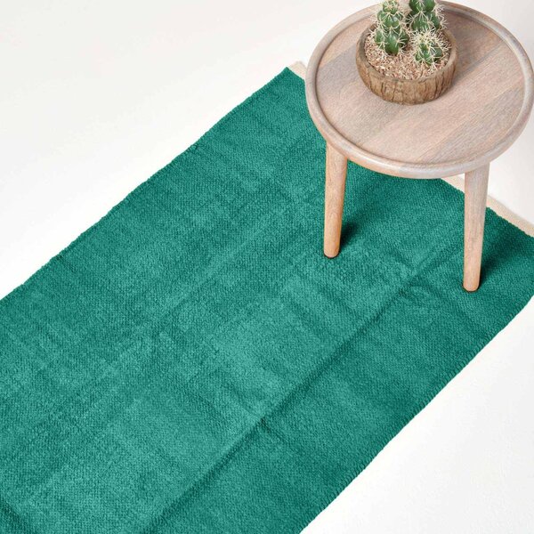 Teal Green 100% Cotton Plain Chenille Hall Runner with Natural Trim, 66 x 200 cm