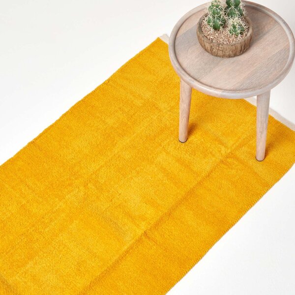 Mustard 100% Cotton Plain Chenille Runner with Natural Trim, 66 x 200 cm