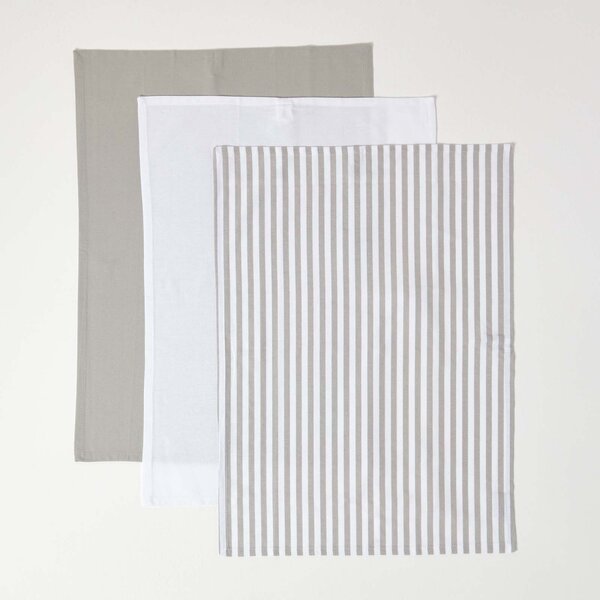 Homescapes Cotton Thin Stripe Grey White Tea Towels Set Of Three