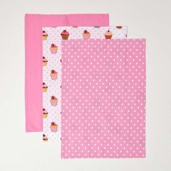 Homescapes Cotton Cupcakes Pink Blue Tea Towels Set Of Three