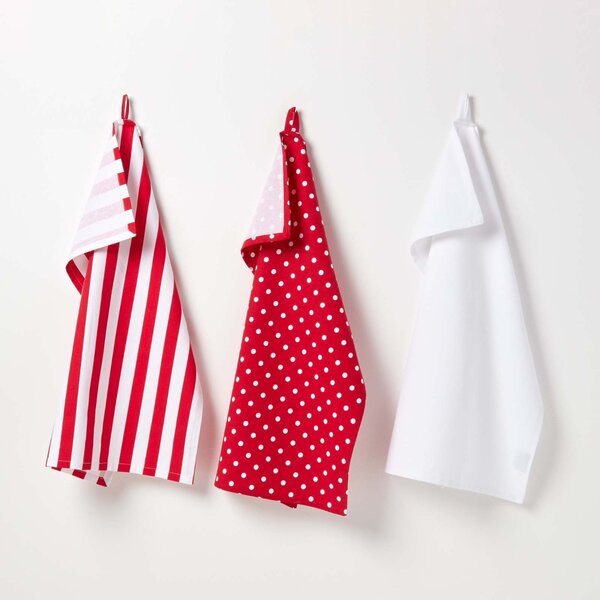 Homescapes Cotton Polka Dot Red White Tea Towels Set Of Three