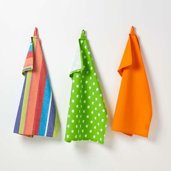 Homescapes Cotton Stars Lime Green Orange Tea Towels Set Of Three