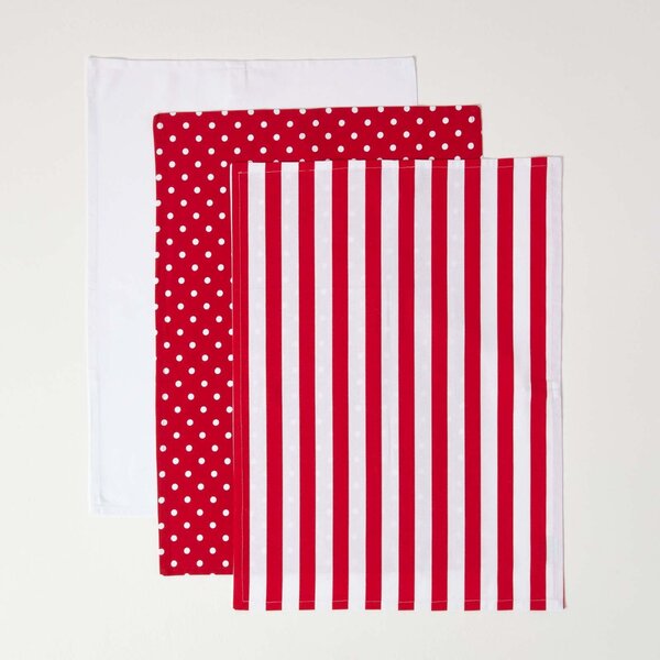 Homescapes Cotton Polka Dot Red White Tea Towels Set Of Three