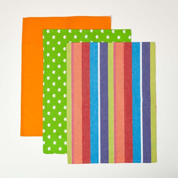 Homescapes Cotton Stars Lime Green Orange Tea Towels Set Of Three