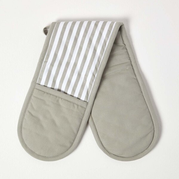 Homescapes Cotton Thin Stripe Grey White Double Oven Glove