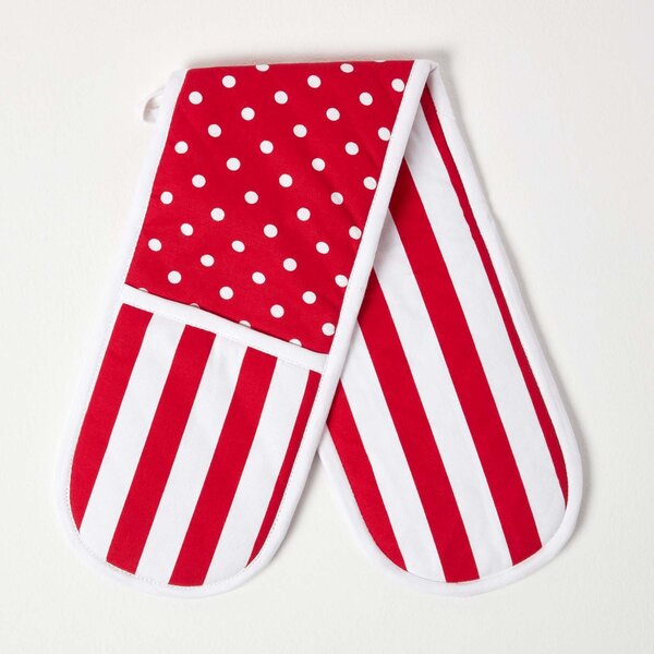 Homescapes Cotton Polka Dot Red White Double Oven Glove