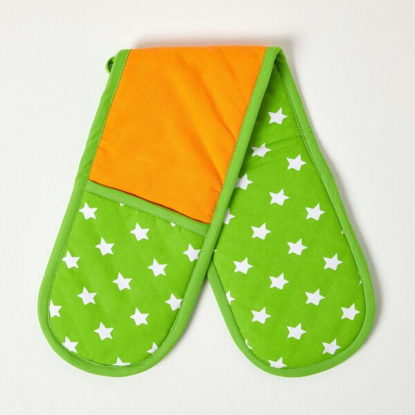 Homescapes Cotton Stars Lime Green Orange Double Oven Glove