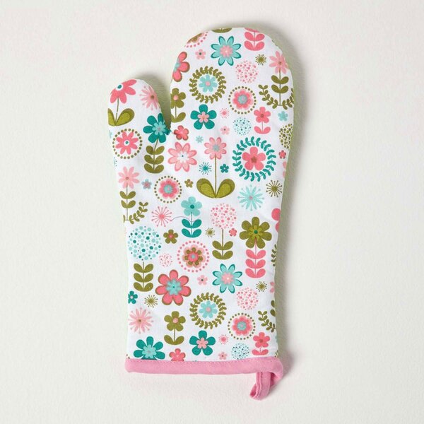 Homescapes Cotton Retro Flower Green Blue Oven Glove