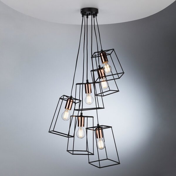 Dar TOW0622 Tower 6 Light Cluster Ceiling Pendant in Matt Black with Copper Lamp Holders
