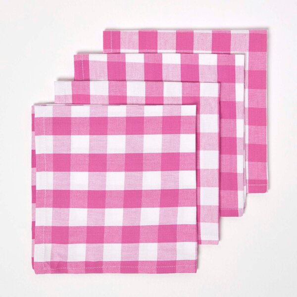 Homescapes Pink Block Check Gingham Cotton Fabric 4 Napkins Set