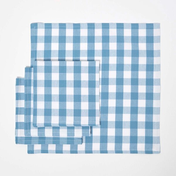 Homescapes Blue Block Check Gingham Cotton Fabric 4 Napkins Set