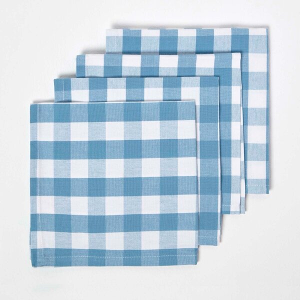 Homescapes Blue Block Check Gingham Cotton Fabric 4 Napkins Set