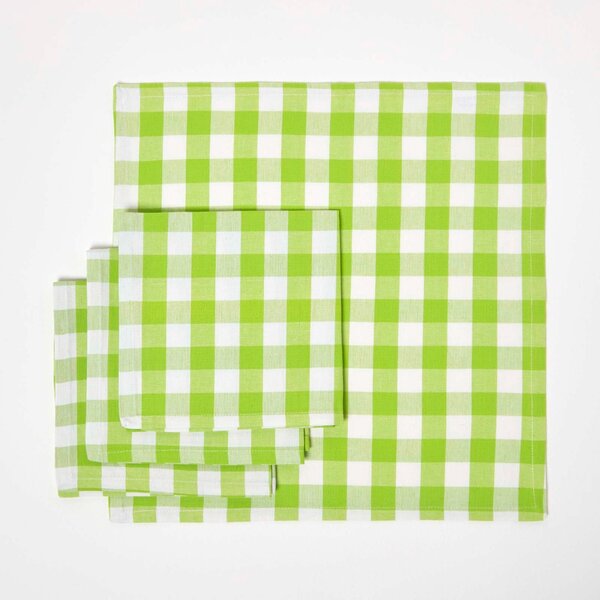 Homescapes Green Block Check Gingham Cotton Fabric 4 Napkins Set