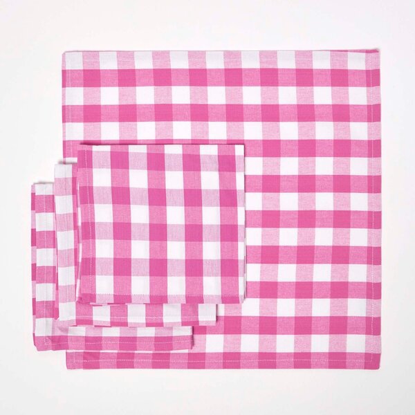 Homescapes Pink Block Check Gingham Cotton Fabric 4 Napkins Set