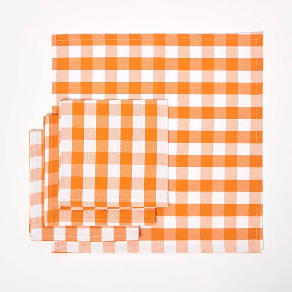 Homescapes Orange Block Check Gingham Cotton Fabric 4 Napkins Set