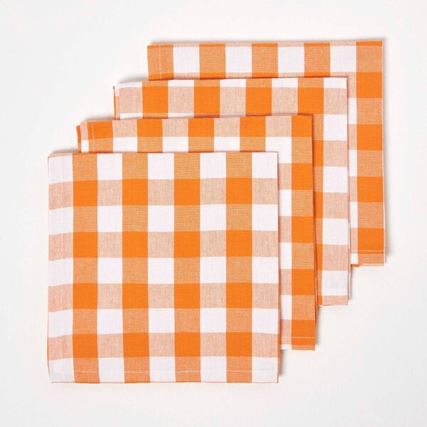 Homescapes Orange Block Check Gingham Cotton Fabric 4 Napkins Set