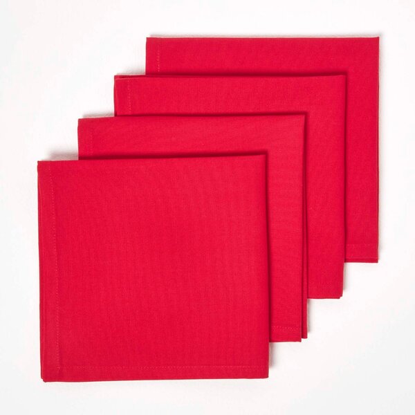 Homescapes Christmas Red Cotton Fabric 4 Napkins Set