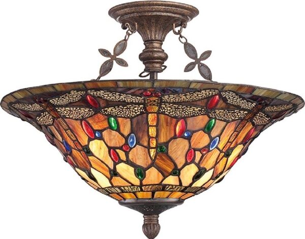 QZ/JDRAGONFLY/SF Semi Flush Ceiling Light In Malaga With Tiffany Glass Shade
