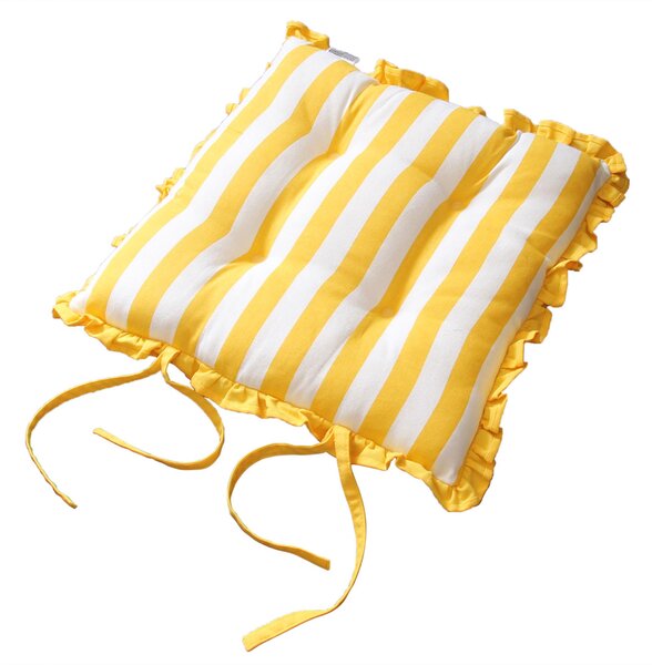 Reversible Yellow Frilled Cushion Seat Pad with Ties Polka Dots Multi