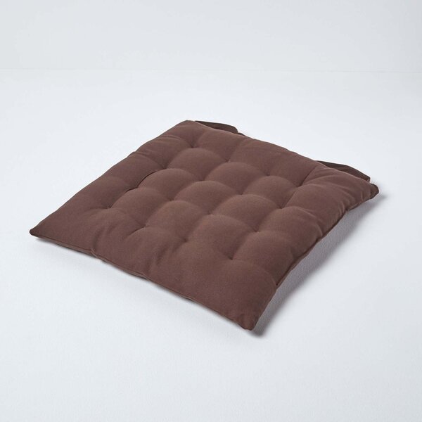 Chocolate Brown Plain Seat Pad with Button Straps Cotton 40 x 40 cm