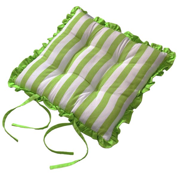 Reversible Green Frilled Cushion Seat Pad with Ties Retro Flower