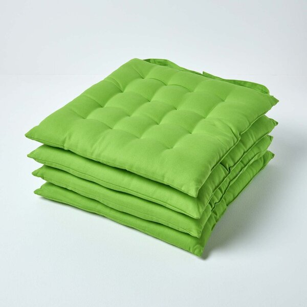 Lime Green Plain Seat Pad with Straps 100% Cotton 40 x 40 cm, Set of 4