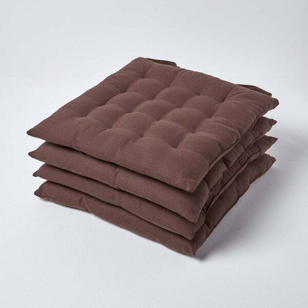 Chocolate Brown Plain Seat Pad with Button Straps 40 x 40 cm, Set of 4