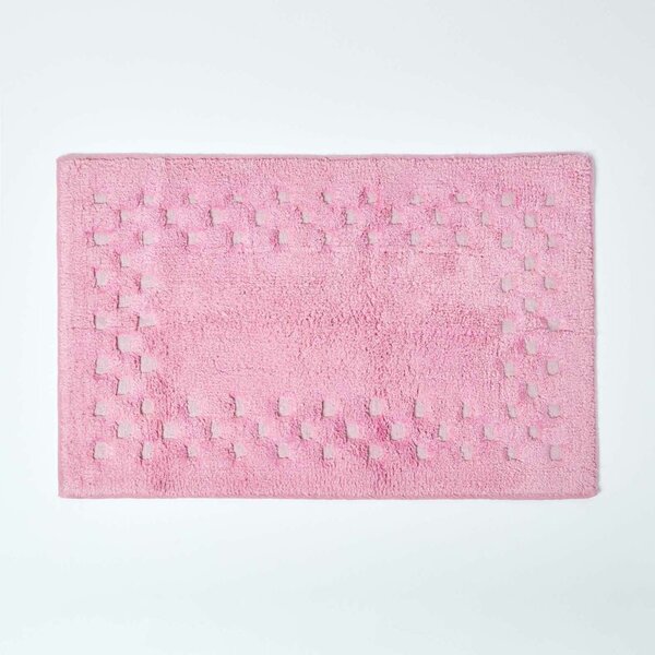 Homescapes Cotton Check Border Pink Bath Mat