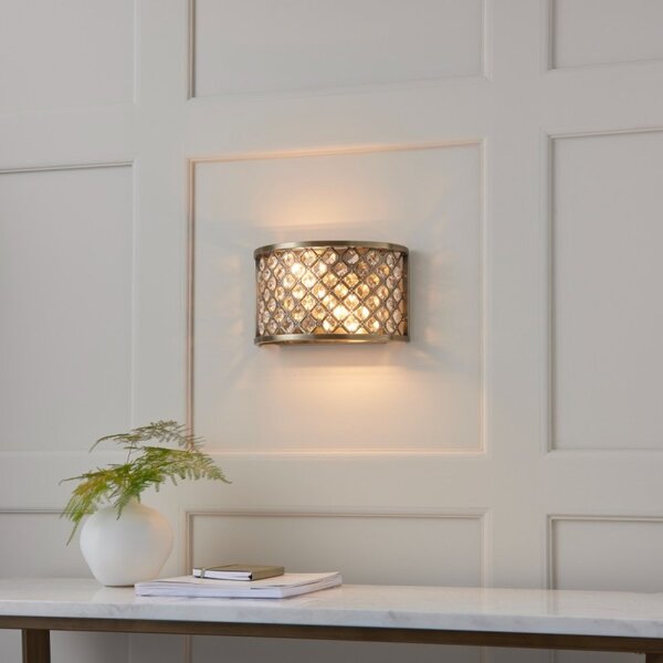 Endon 70559 Hudson 2 Light Wall Light In Antique Brass And Clear Crystal Glass