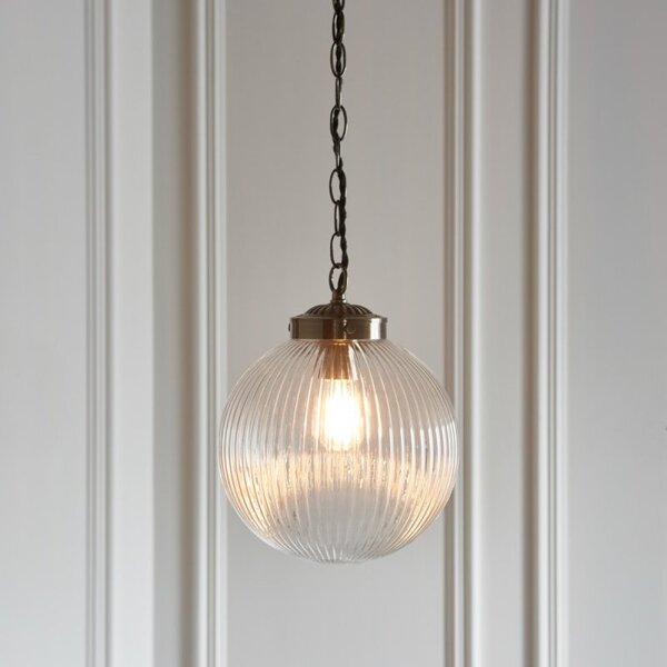 Endon 71123 Brydon 1 Light Ceiling Pendant In Clear Ribbed Glass And Antique Brass - Diameter: 250mm