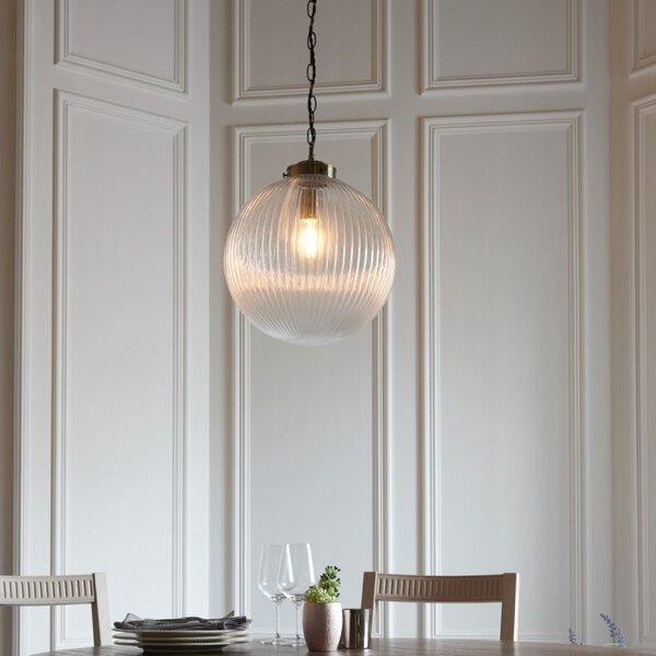 Endon 71124 Brydon 1 Light Ceiling Pendant In Ribbed Glass And Antique Brass - Large- Diameter: 350mm