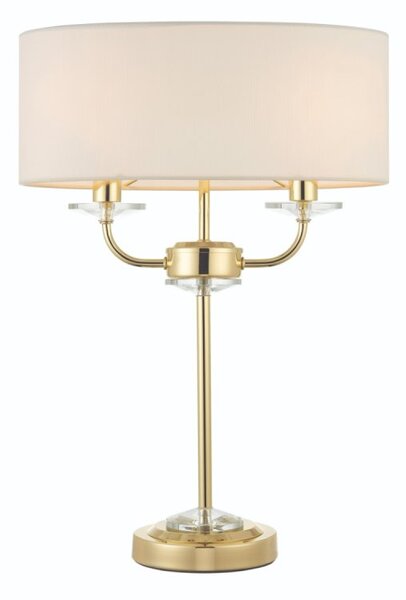 Endon 70564 Nixon 2 Light Table Lamp In Brass With Crystal Glass And Vintage White Faux Silk Shade