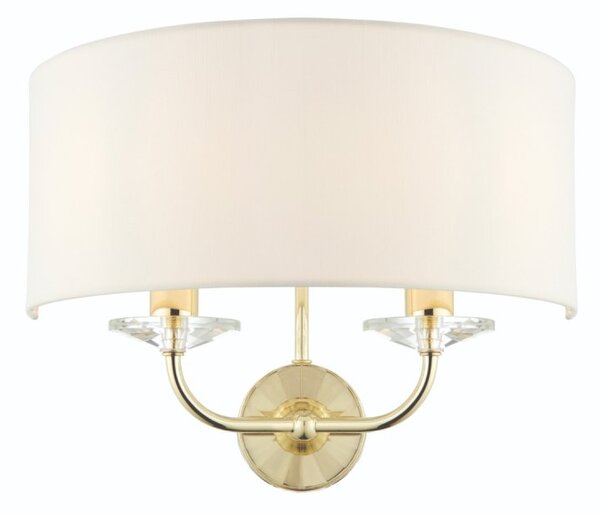 Endon 70562 Nixon 2 Light Wall Light In Brass WIth Crystal Glass And Vintage White Faux Silk Shade