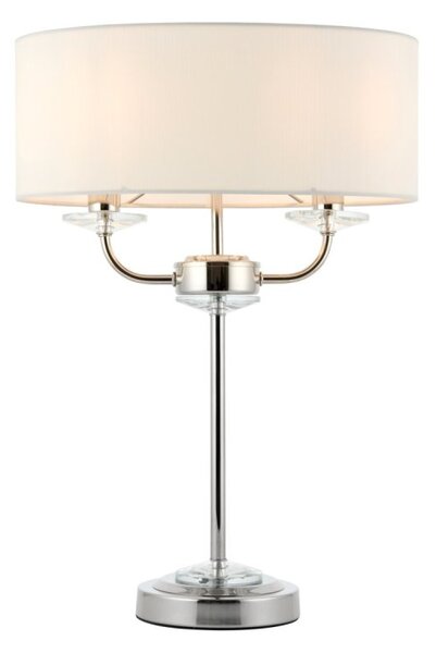 Endon 60804 Nixon 2 Light Table Lamp In Nickel With Crystal Glass And Vintage White Faux Silk Shade