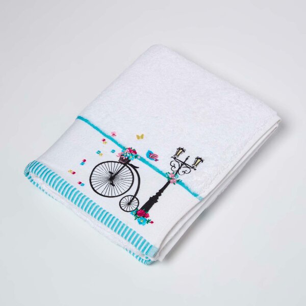 Homescapes Embroidered Bicycle White Bath Towel 100% Cotton