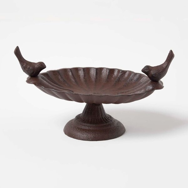 Homescapes Brown Decorative Birds Scalloped Oval Bird Bath Cast Iron