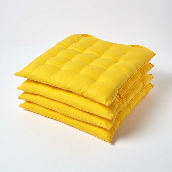 Yellow Plain Seat Pad with Straps 100% Cotton 40 x 40 cm, Set of 4