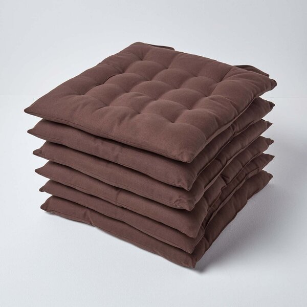 Chocolate Brown Plain Seat Pad with Button Straps 40 x 40 cm, Set of 6