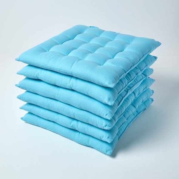 Light Blue Plain Seat Pad with Straps 100% Cotton 40 x 40 cm, Set of 6