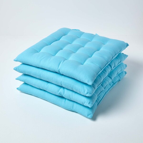 Light Blue Plain Seat Pad with Straps 100% Cotton 40 x 40 cm, Set of 4