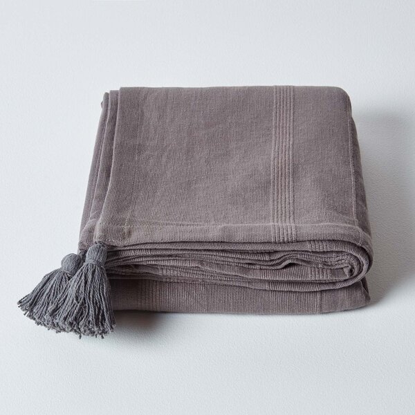 Homescapes Cotton Rajput Ribbed Sea Grey Throw, 150 x 200 cm