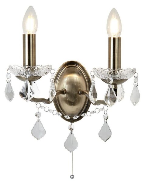 Searchlight 8732-2AB Paris Two Light Wall Light In Antique Brass With Crystal Glass