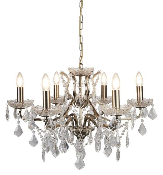 Searchlight 8736-6AB Paris Six Light Ceiling Chandelier In Antique Brass With Crystal Glass