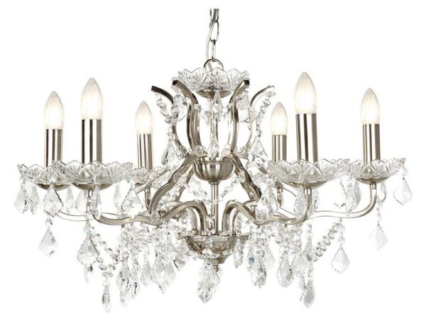 Searchlight 8736-6SS Paris Six Light Ceiling Chandelier In Satin Silver With Crystal Glass