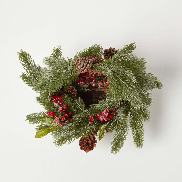 Festive Wicker Basket Christmas Decoration with Green Fir, Berries and Pinecones