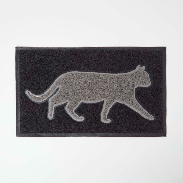 Grey Cat Silhouette 100% Recycled Rubber Non-Slip Doormat with Black background