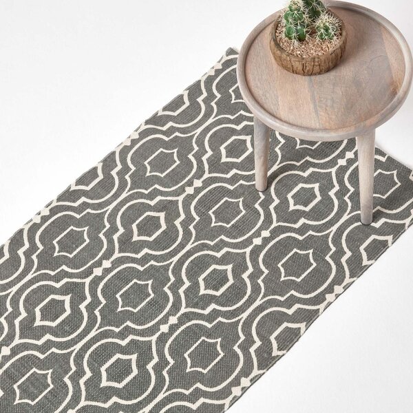 Riga Handwoven Grey and White 100% Cotton Printed Patterned Hall Runner, 66 x 200 cm