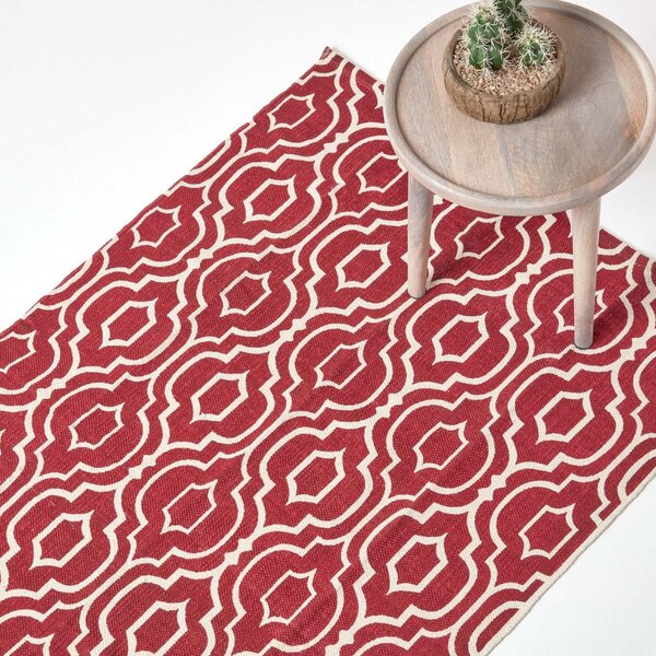 Riga Handwoven Red and White 100% Cotton Printed Patterned Rug, 90 x 150 cm